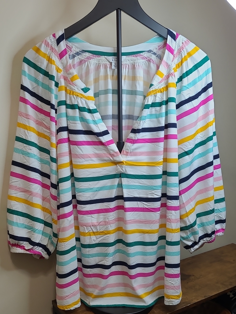 Crown & Ivy White V-Neck Peasant Blouse with Colorful Stripes size 1X
